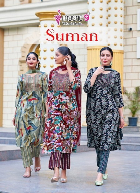Suman Vol 1 By Mystic9 Heavy Rayon Printed With Foil & Rich Embroidery Work Top With Bottom Dupatta Wholesale Price In Surat